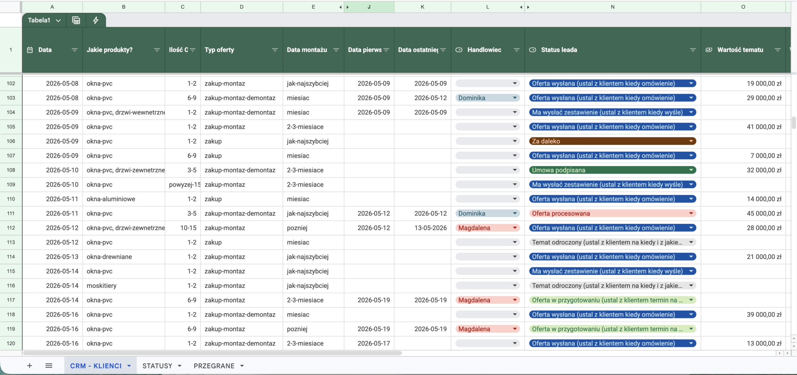 Zrzut z CRM — widok systemu